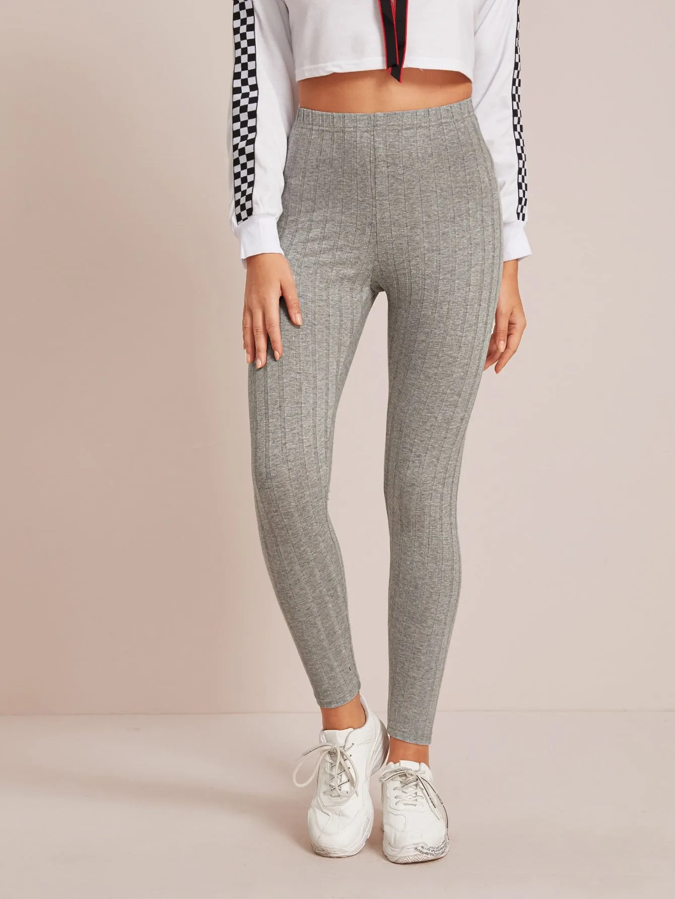 Sporty Plain Rib-Knit Cropped Women Leggings