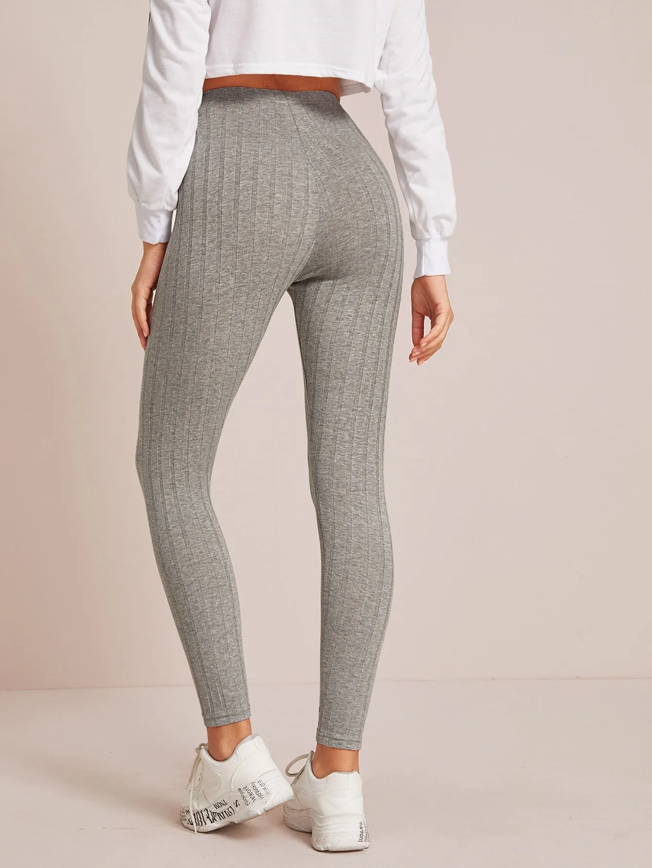 Sporty Plain Rib-Knit Cropped Women Leggings