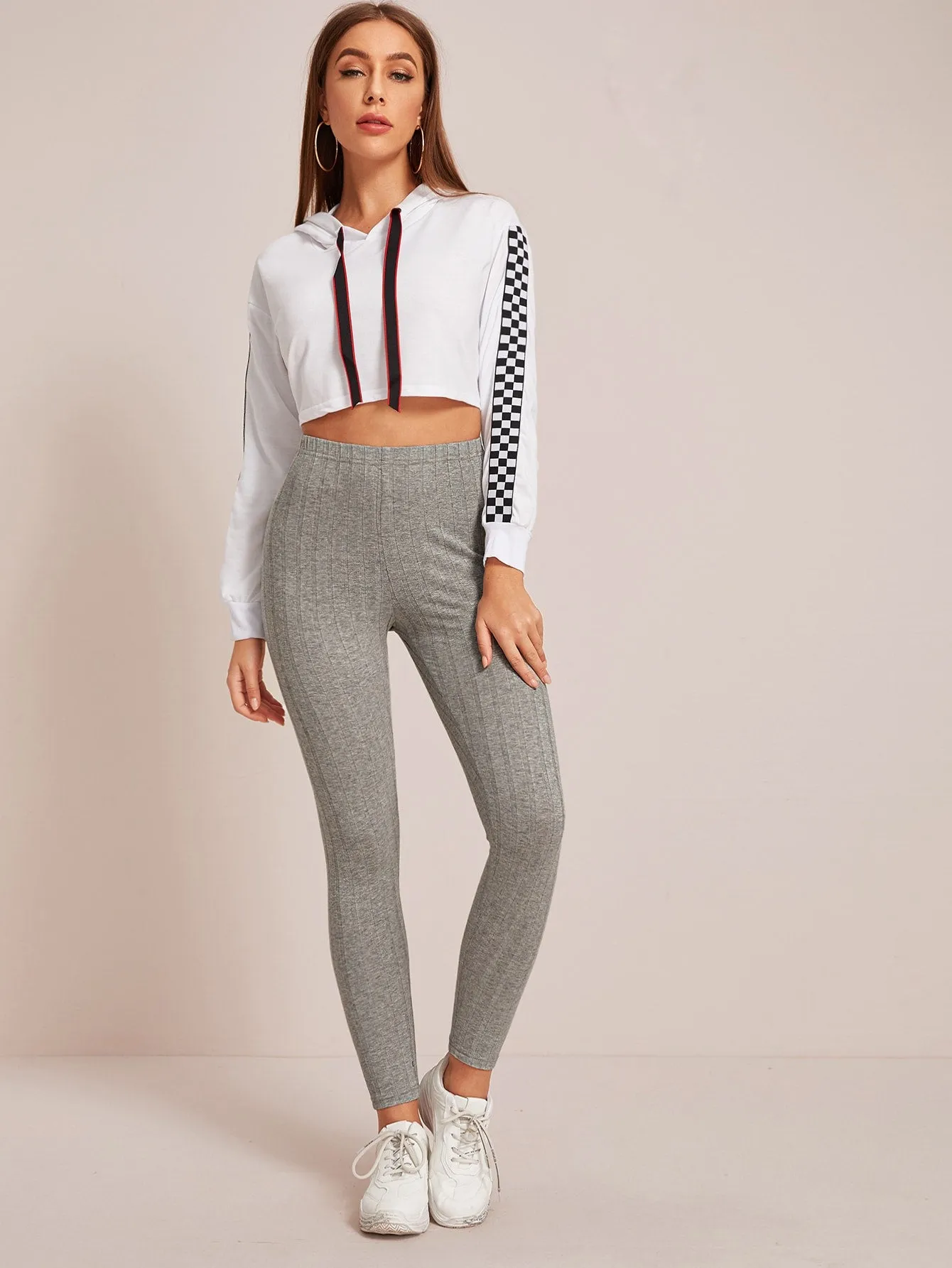 Sporty Plain Rib-Knit Cropped Women Leggings