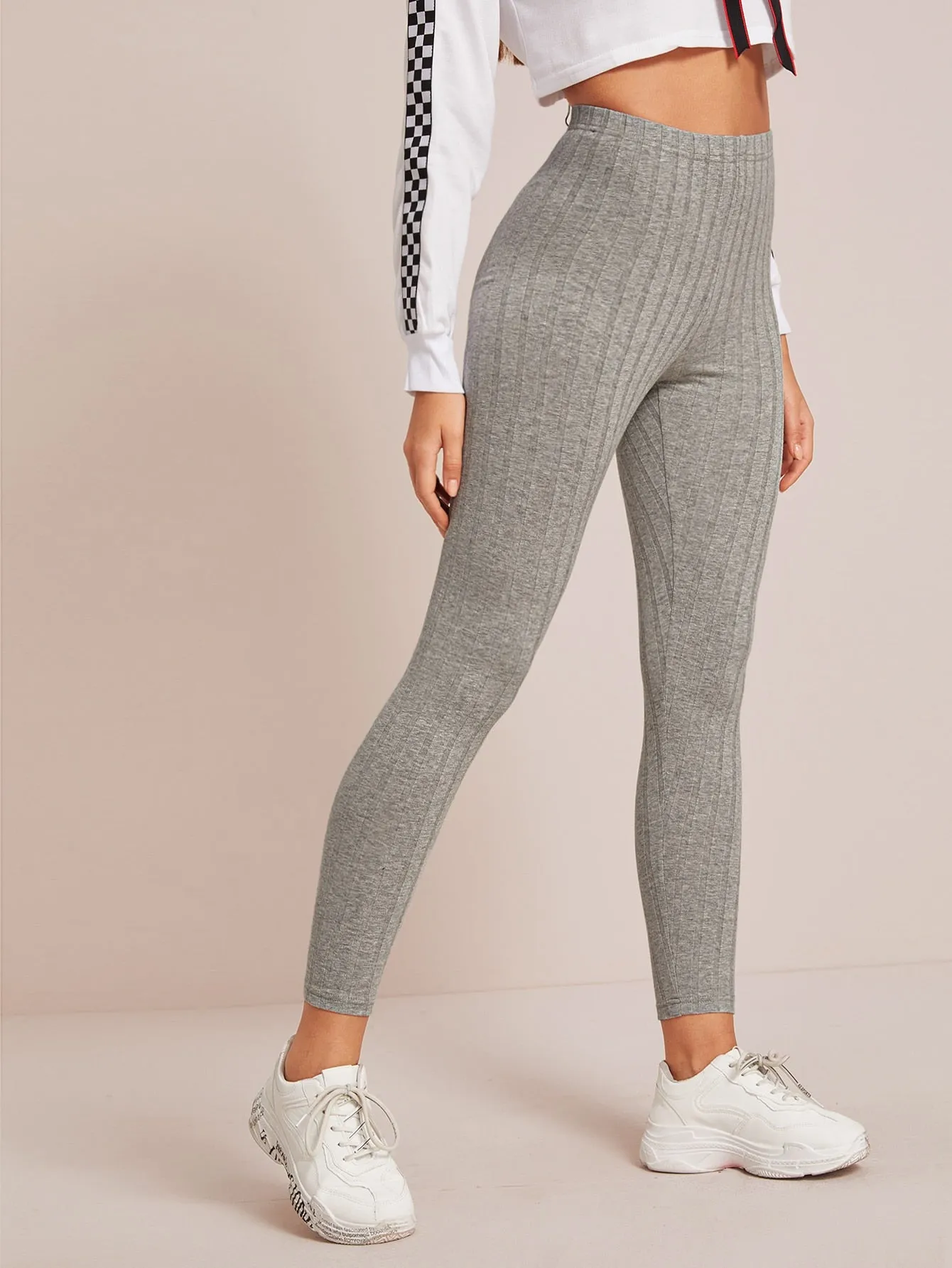 Sporty Plain Rib-Knit Cropped Women Leggings