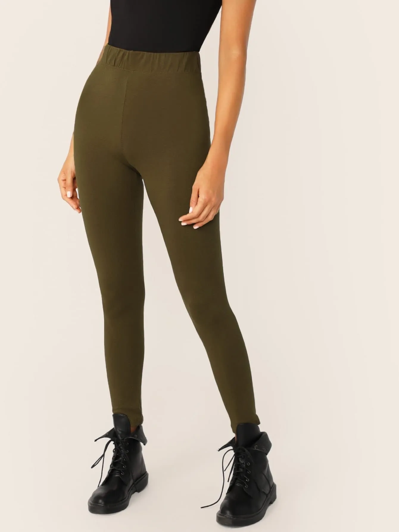 Stretch Elastic Waist Solid Leggings