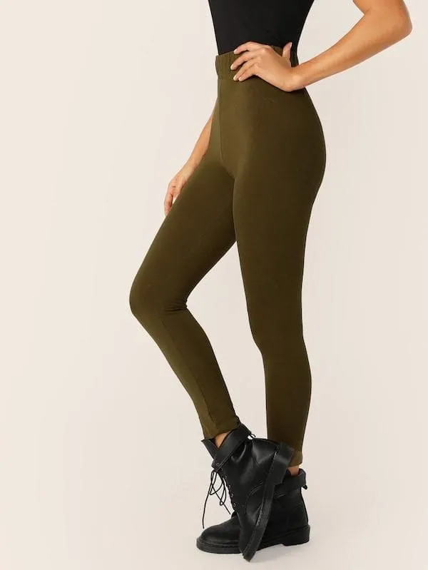 Stretch Elastic Waist Solid Leggings