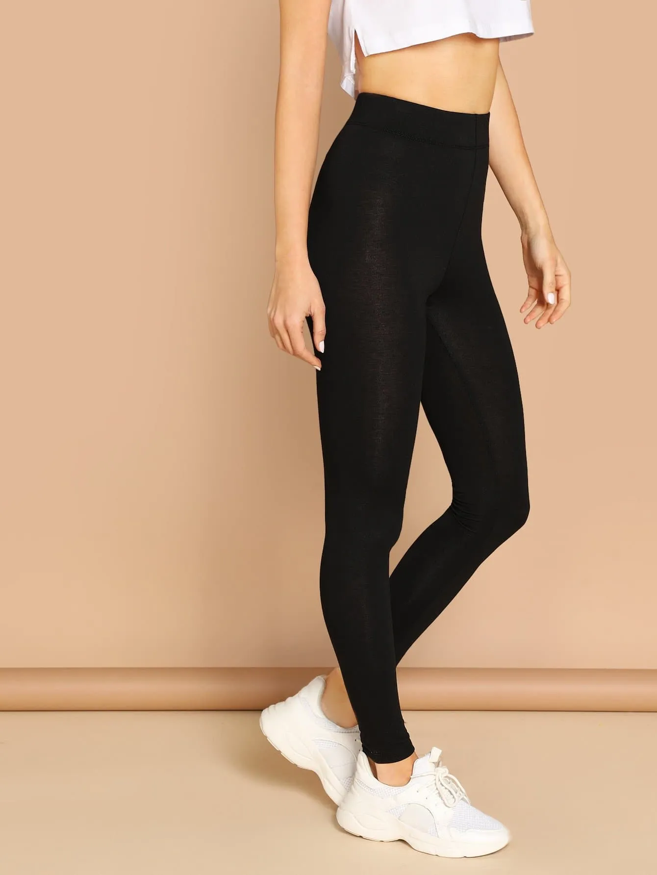 Stretch Elastic Waist Solid Leggings