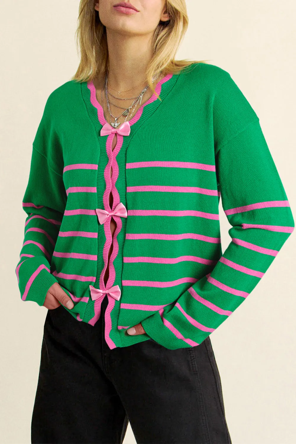 Stripe Bow Ribbon V-Neck Cardigan