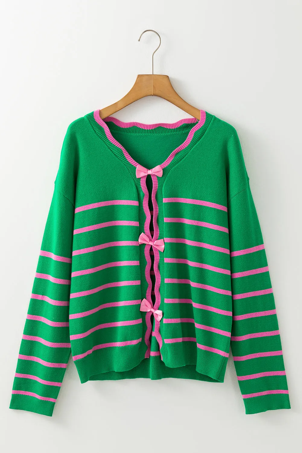 Stripe Bow Ribbon V-Neck Cardigan