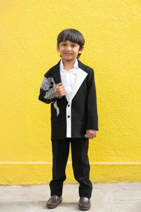 Stylish Black Blazer with Silver Embroidery and White Lapel, Paired with Black Trousers – Perfect for Weddings, Parties, and Formal Celebrations