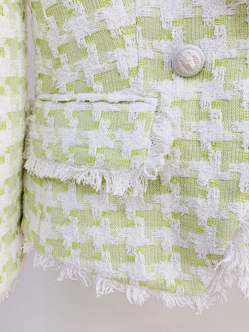 Tassel Fringed Houndstooth Blends Tweed Blazer in Lime