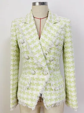 Tassel Fringed Houndstooth Blends Tweed Blazer in Lime