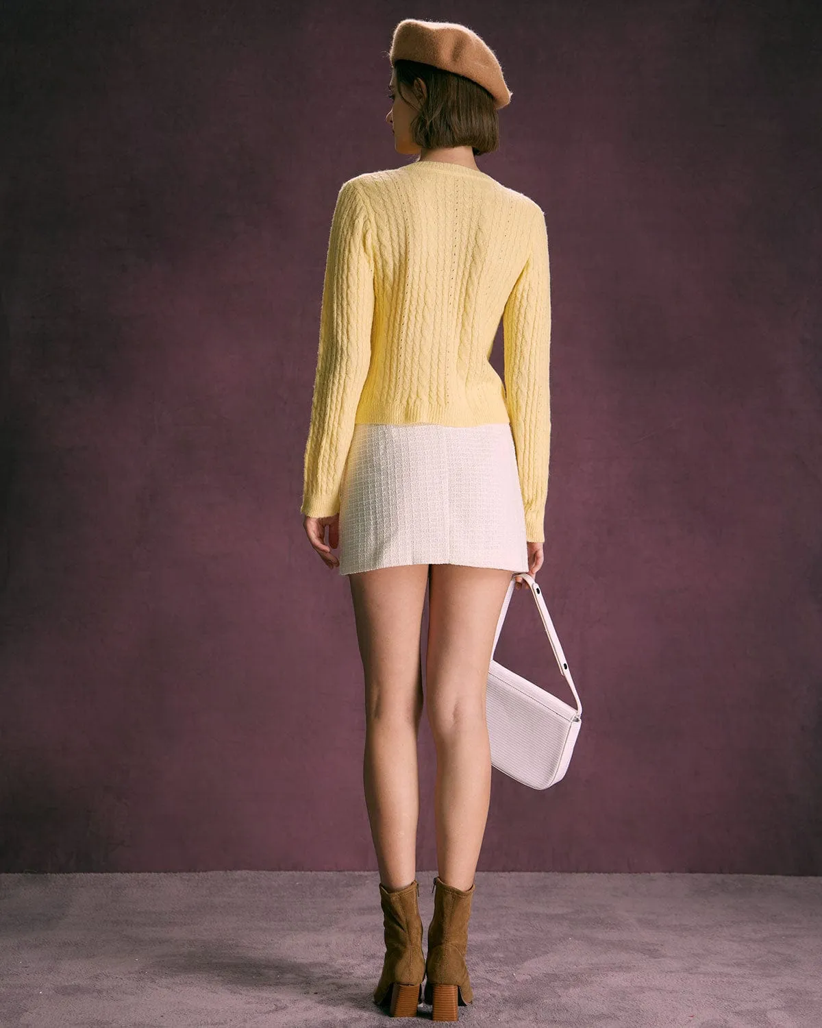 The Yellow Round Neck Cable Ribbed Cardigan