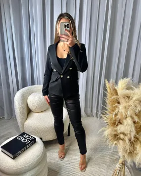 Thea Fitted Gold Button Blazer - Black