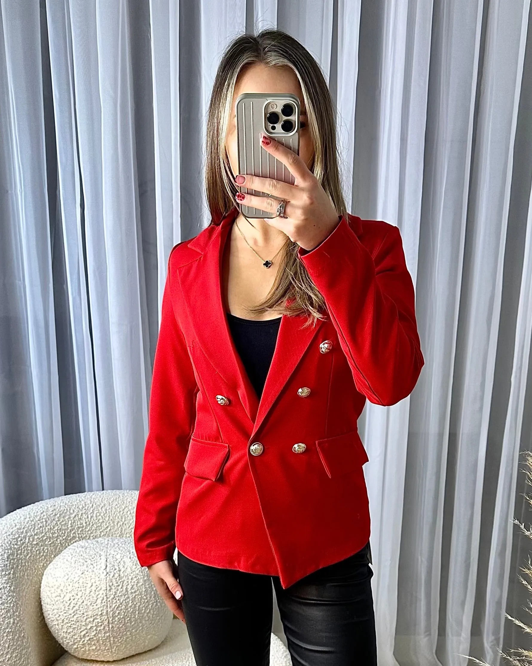 Thea Fitted Gold Button Blazer - Red