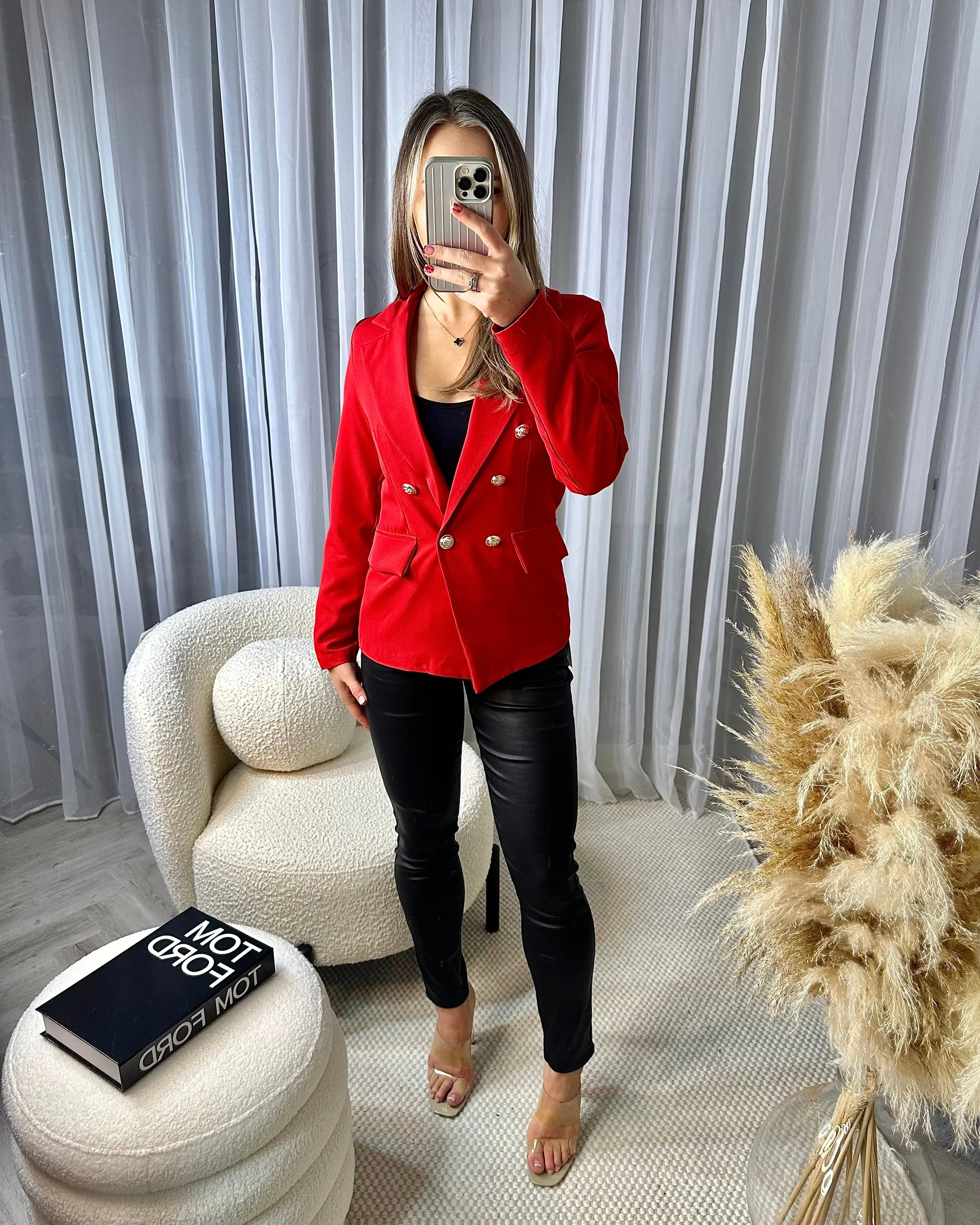 Thea Fitted Gold Button Blazer - Red