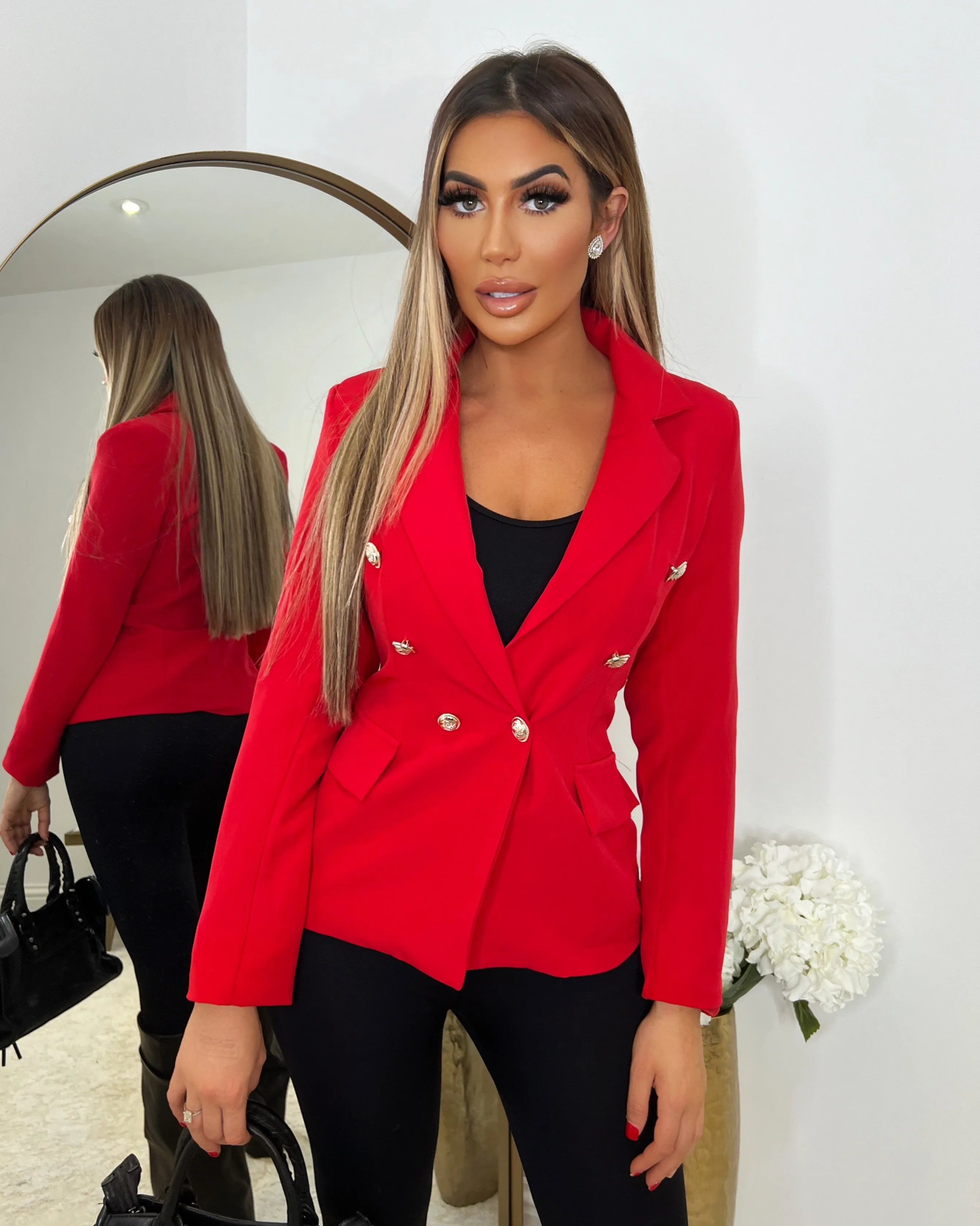 Thea Fitted Gold Button Blazer - Red