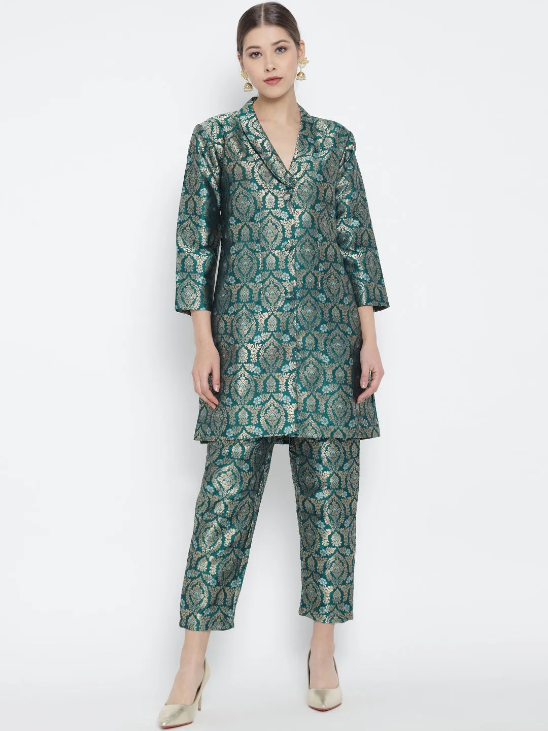 Turquoise Green Jacquard Banarasi Brocade A-Line Blazer With Pant