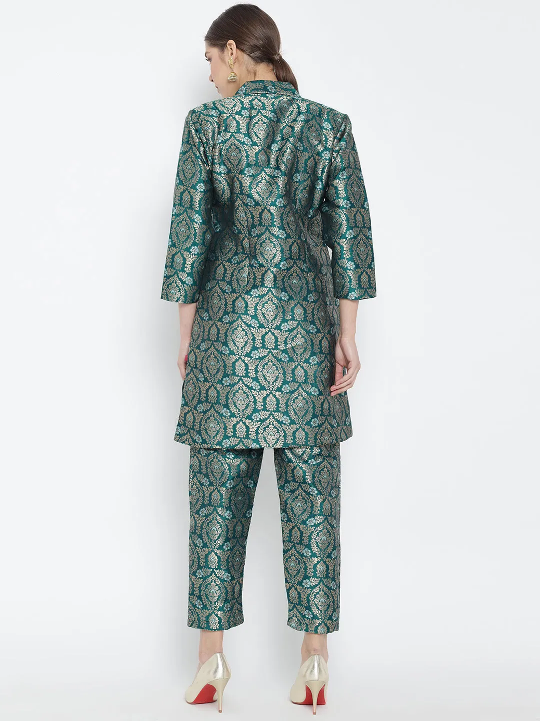 Turquoise Green Jacquard Banarasi Brocade A-Line Blazer With Pant