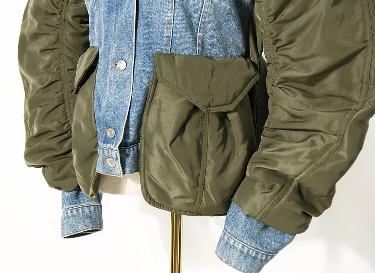 Two Asymmetry Irregular Color Matching Denim Patchwork Coat