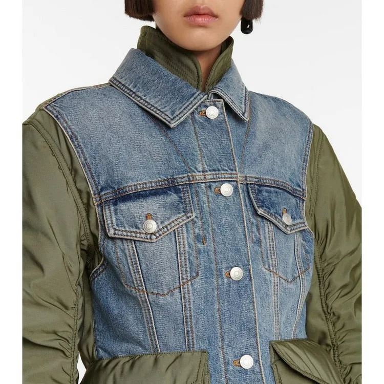 Two Asymmetry Irregular Color Matching Denim Patchwork Coat