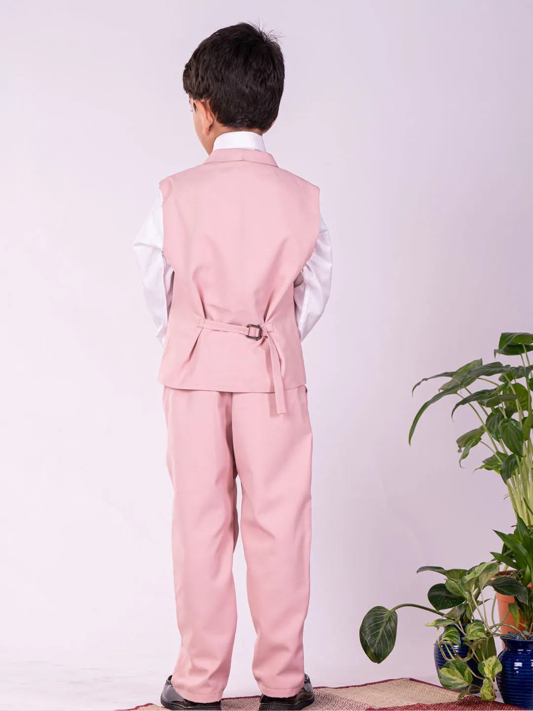 VASTRAMAY Boys' White And Pink Shirt Blazer Waist Coat And Pant