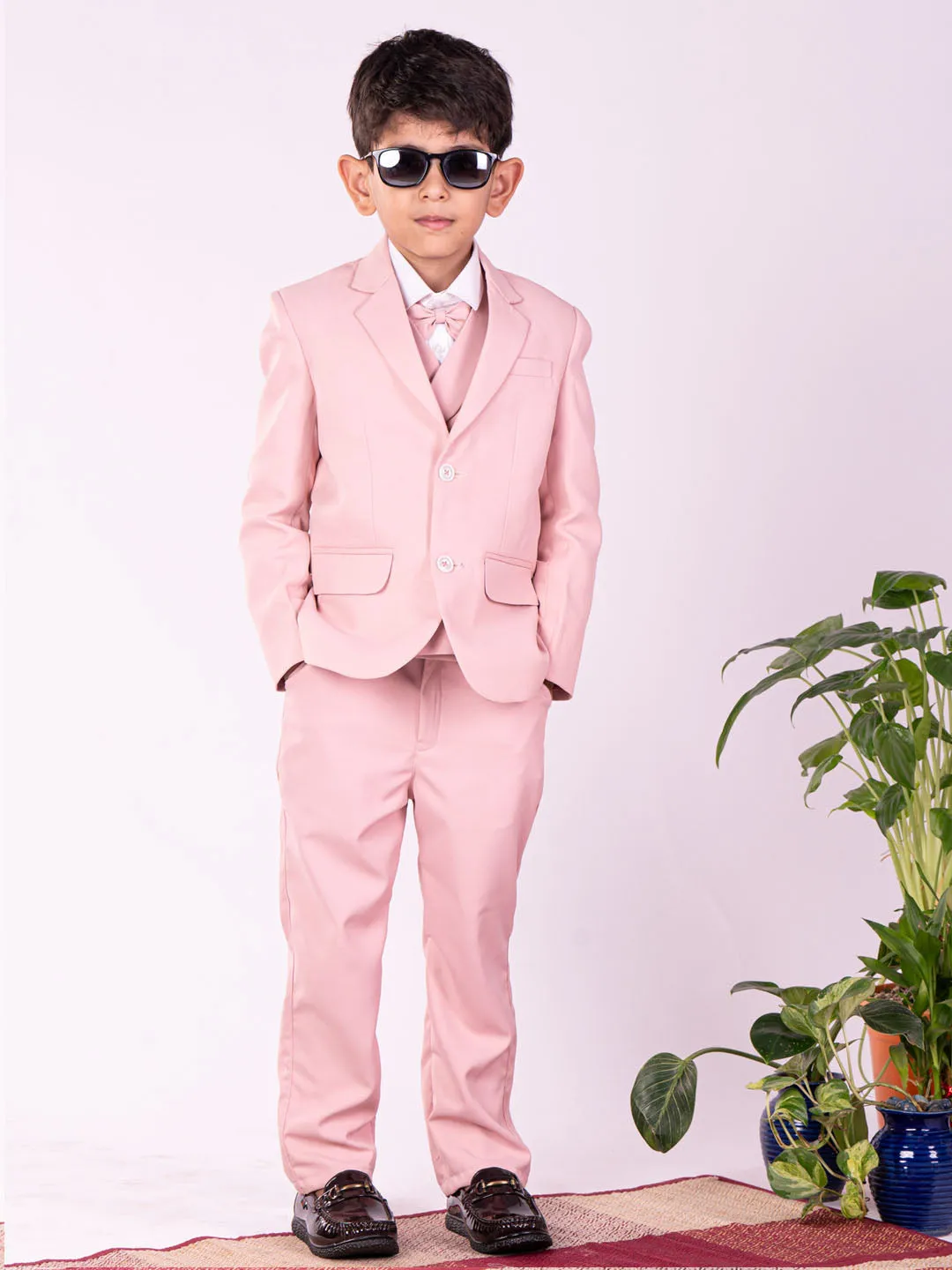 VASTRAMAY Boys' White And Pink Shirt Blazer Waist Coat And Pant