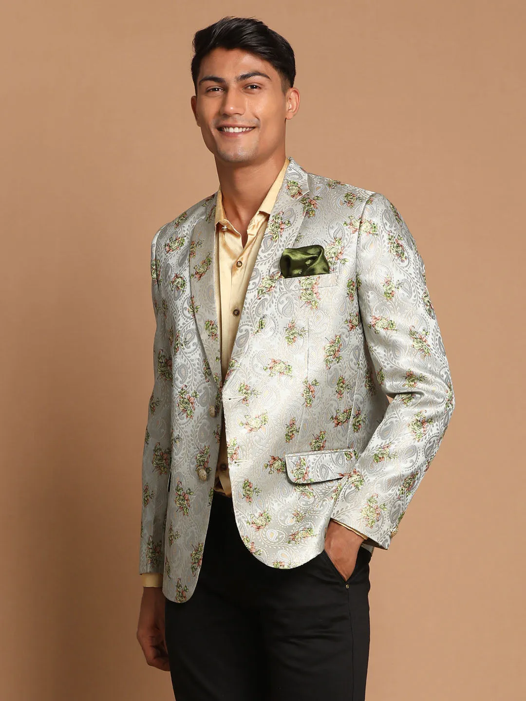 VASTRAMAY Green Silk Blend Slim Fit Blazer