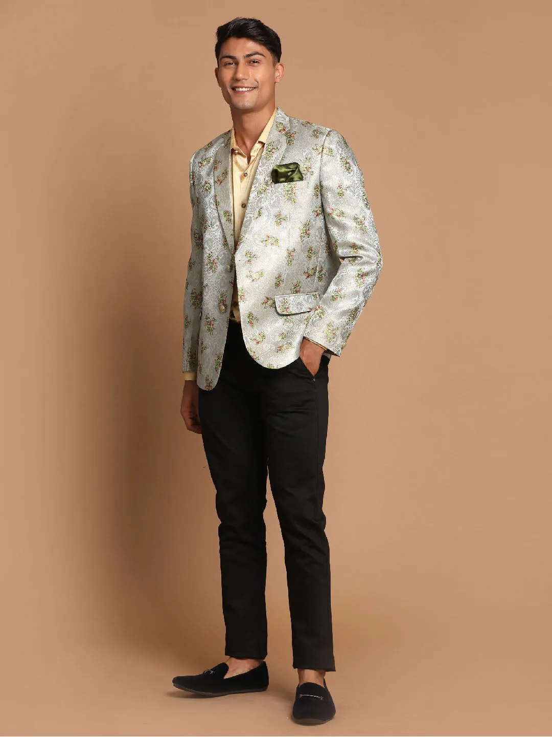 VASTRAMAY Green Silk Blend Slim Fit Blazer