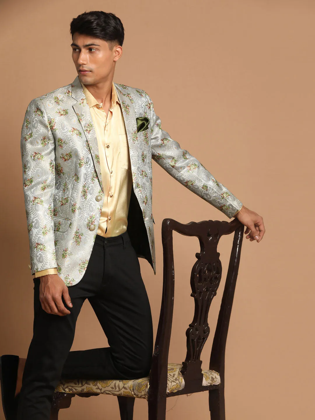 VASTRAMAY Green Silk Blend Slim Fit Blazer