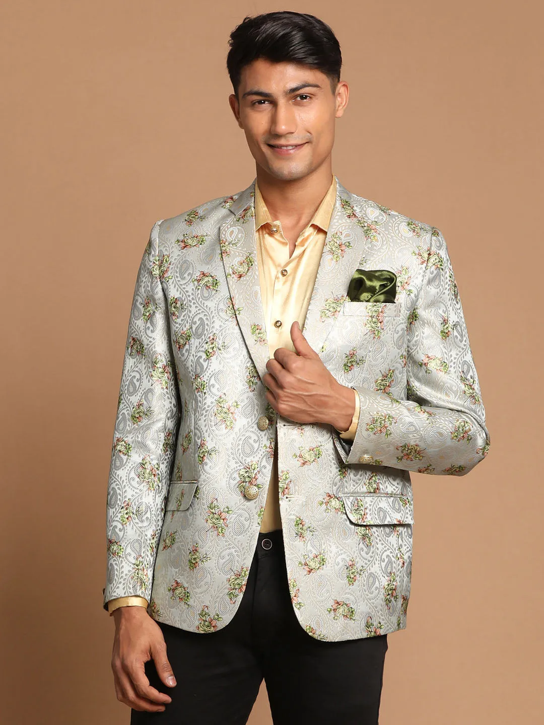 VASTRAMAY Green Silk Blend Slim Fit Blazer