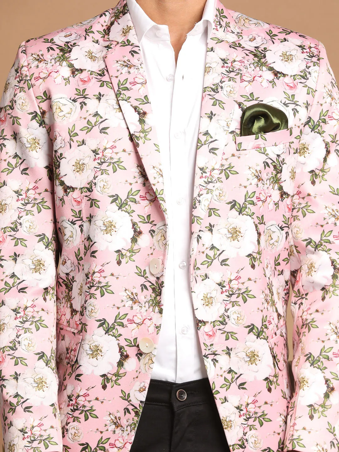 VASTRAMAY Men's Pink Floral Printed Blazer