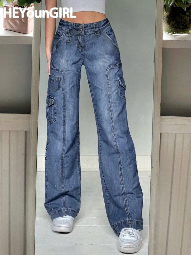 Vintage High Waist Boyfriend Capris Blue Denim Pants with Pockets