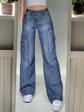 Vintage High Waist Boyfriend Capris Blue Denim Pants with Pockets