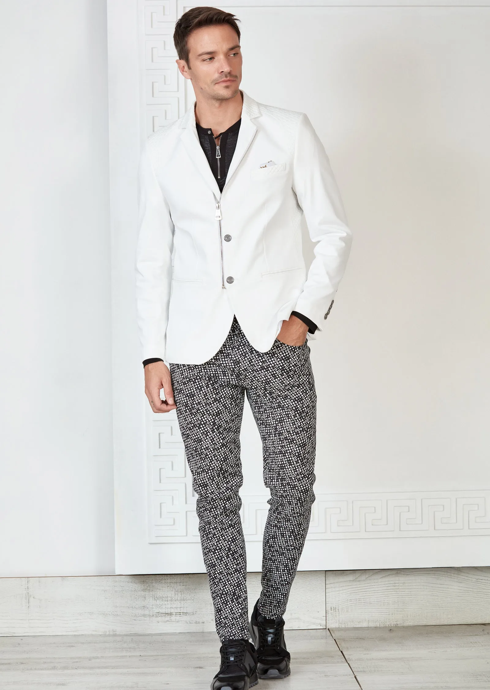 White Quilted Zipper Blazer