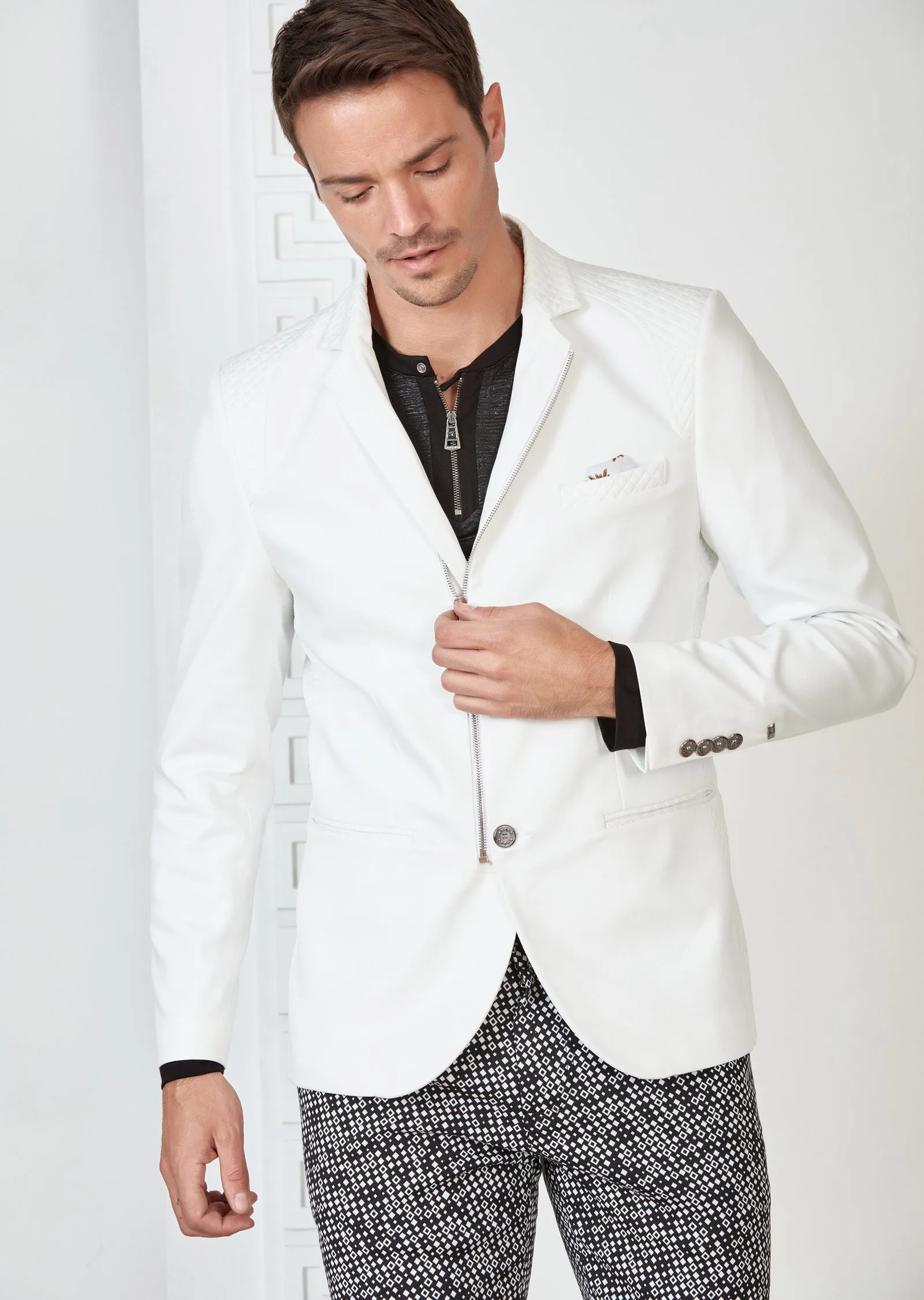 White Quilted Zipper Blazer