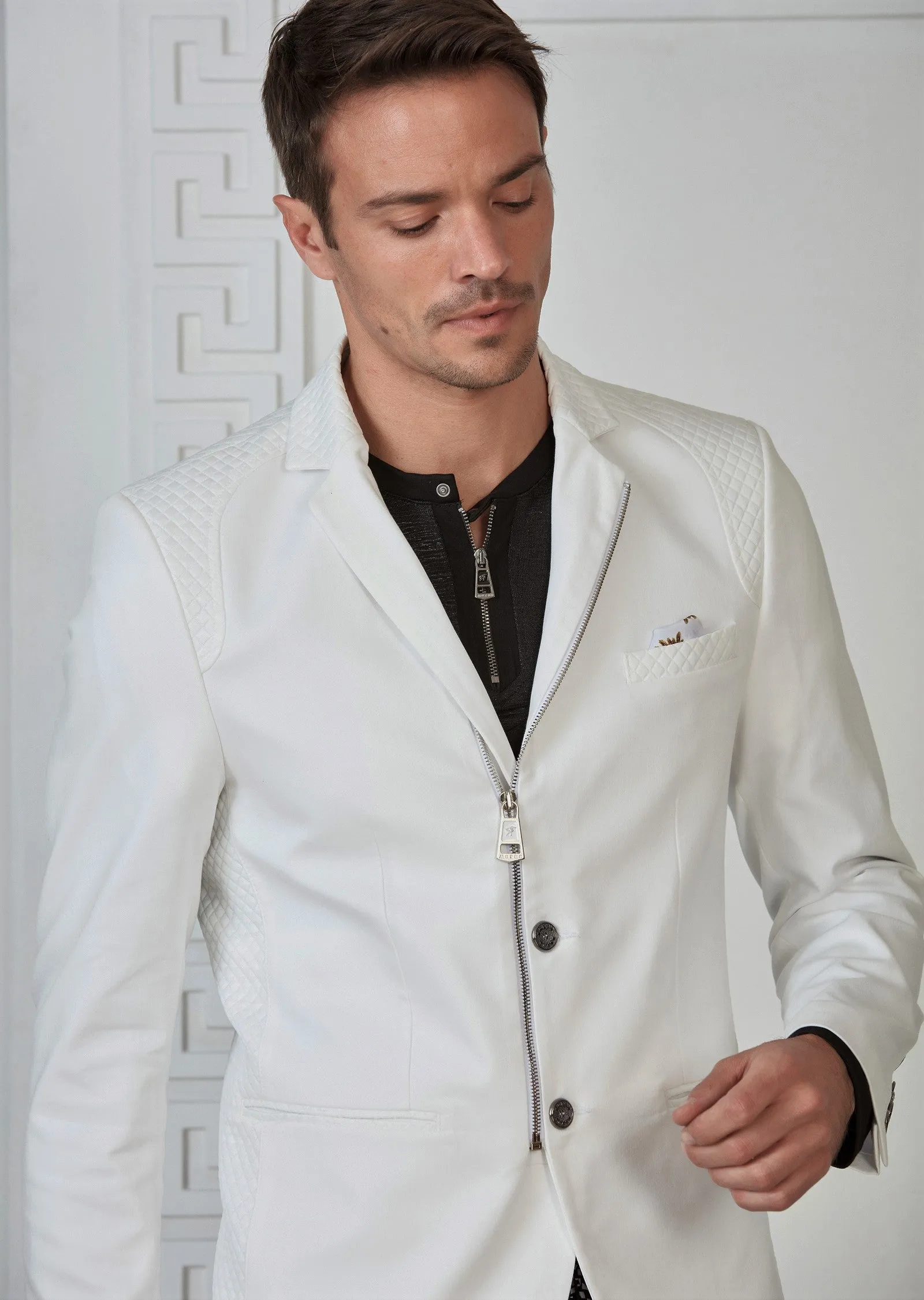 White Quilted Zipper Blazer