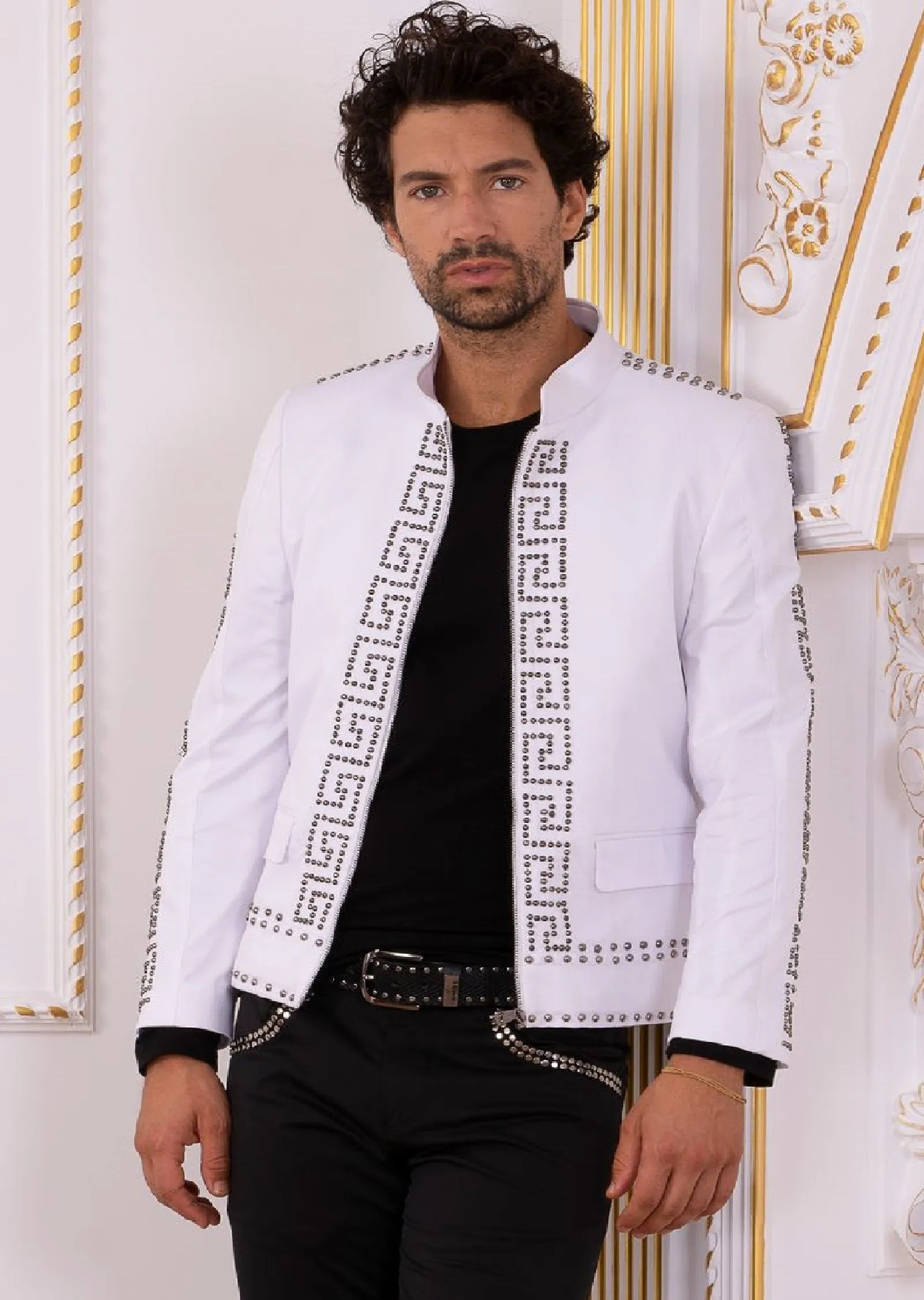 White Silver Meander Studded Jacket