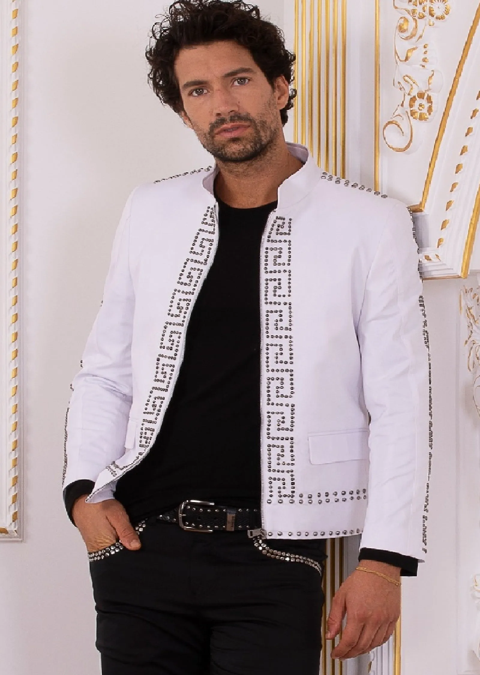 White Silver Meander Studded Jacket