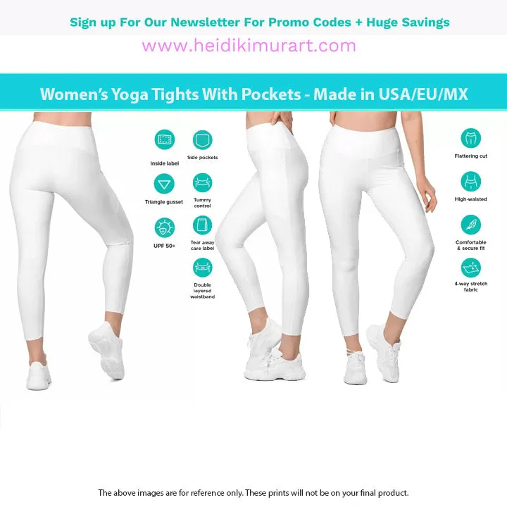 White Women's Tights, Solid Color Best Yoga Pants With 2 Side Deep Long Pockets - Made in USA/EU/MX (US Size: 2XS-6XL)