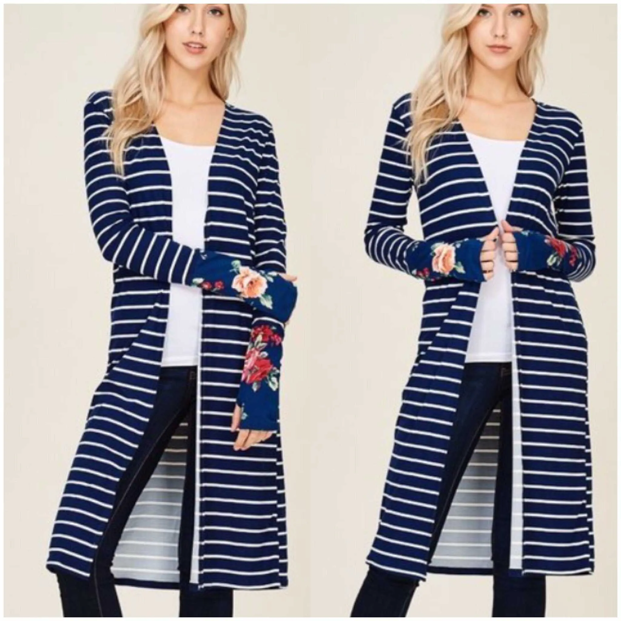 Whitney Striped /Floral Thumb Hole Cardigan