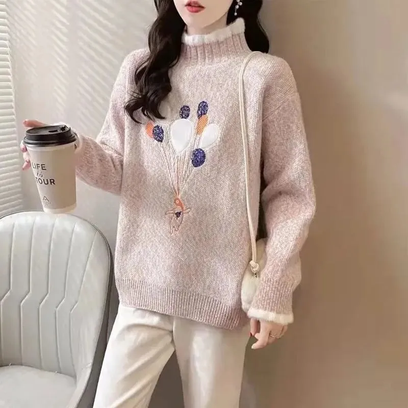 Women Half Turtleneck Sweater Autumn Loose Pullover Knitted Jumper Long Sleeve Cute Embroidery Casual Korean Ladies Tops