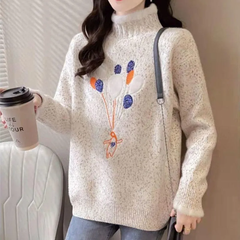 Women Half Turtleneck Sweater Autumn Loose Pullover Knitted Jumper Long Sleeve Cute Embroidery Casual Korean Ladies Tops