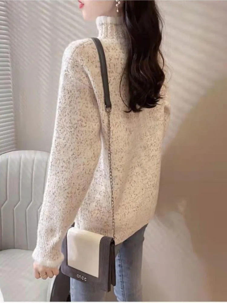 Women Half Turtleneck Sweater Autumn Loose Pullover Knitted Jumper Long Sleeve Cute Embroidery Casual Korean Ladies Tops