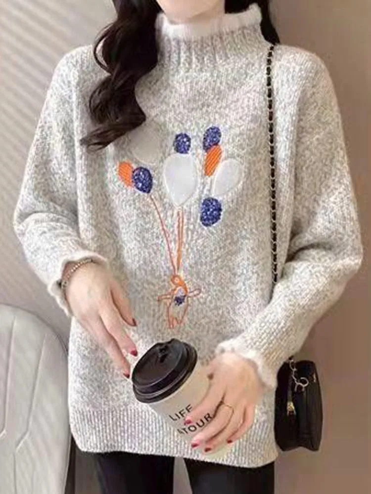 Women Half Turtleneck Sweater Autumn Loose Pullover Knitted Jumper Long Sleeve Cute Embroidery Casual Korean Ladies Tops