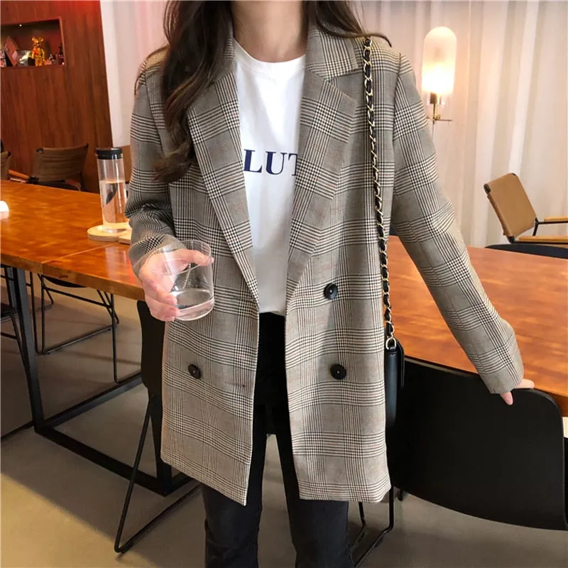 Women Plaid Blazer | Double Breasted Plaid Blazer Women | Women Office Blazer | Women Suits Coat | Notched Collar Plaid Blazer | Check Coat