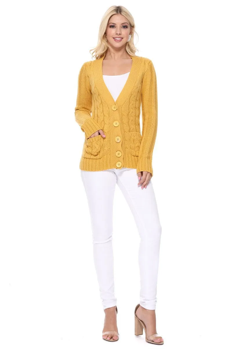 Women's Casual Long Sleeve Button Down Cable Knit Cardigan Sweater with Two Pockets HB3134