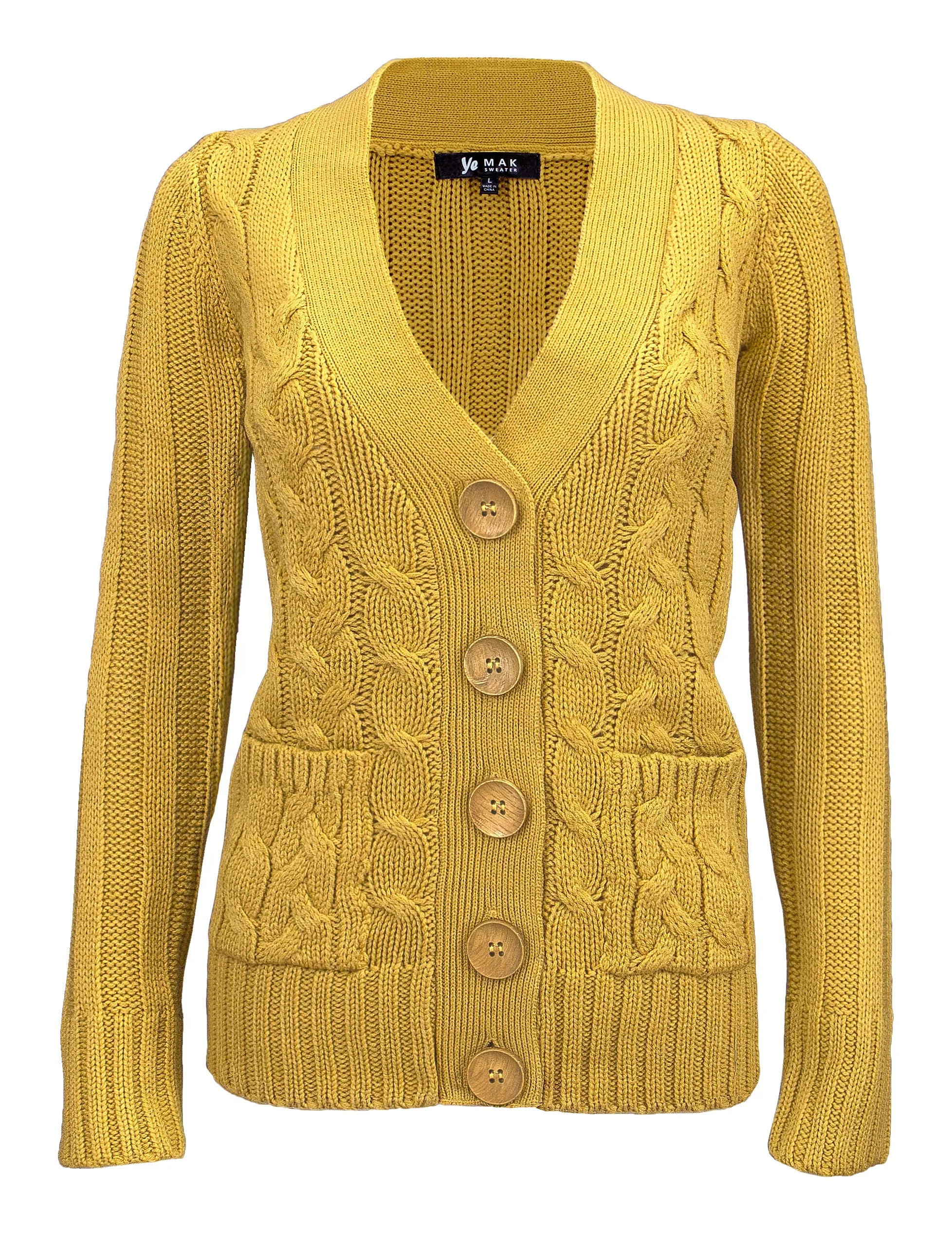 Women's Casual Long Sleeve Button Down Cable Knit Cardigan Sweater with Two Pockets HB3134