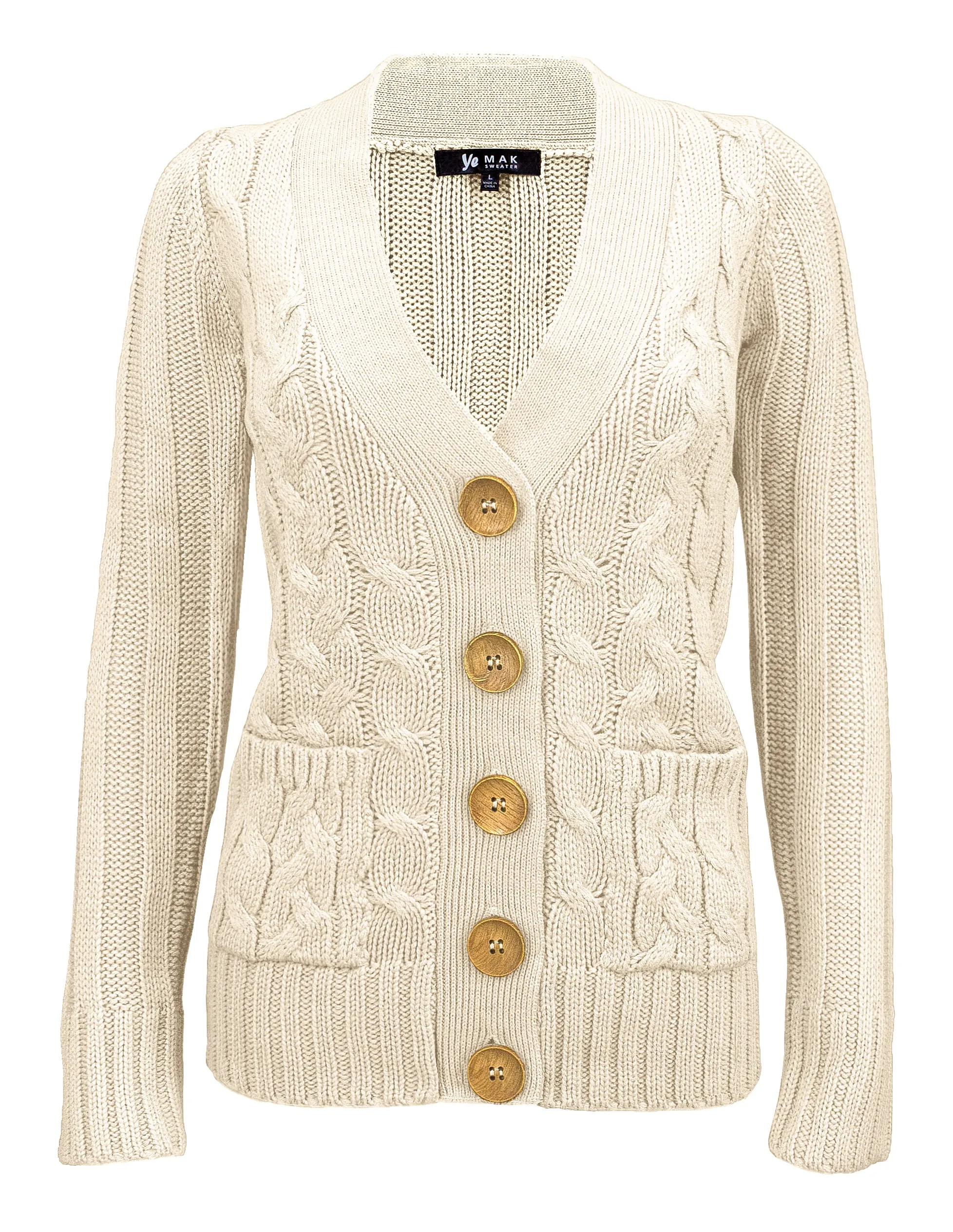 Women's Casual Long Sleeve Button Down Cable Knit Cardigan Sweater with Two Pockets HB3134