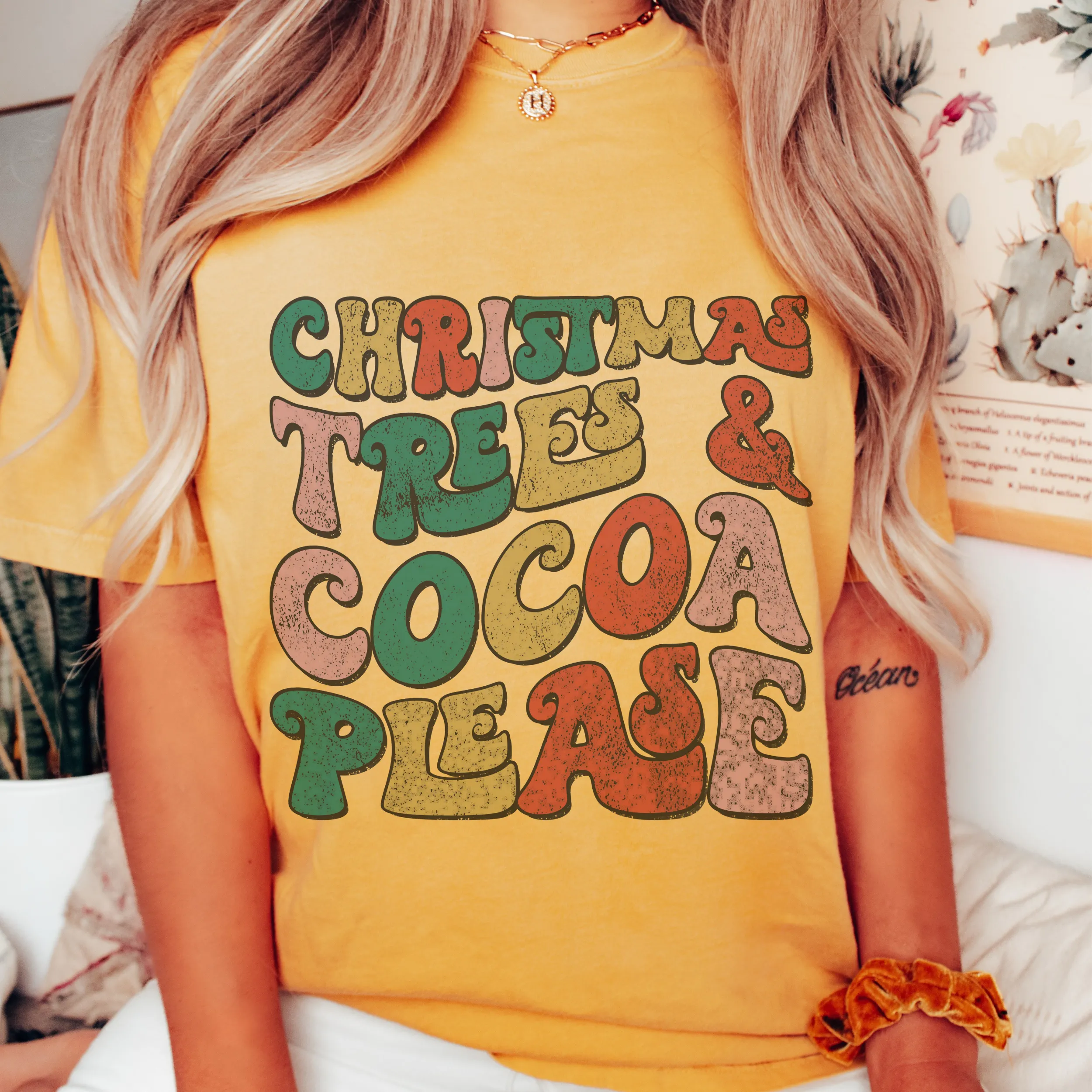 Women's Christmas Trees and Cocoa Please Crewneck Sweatshirt, Cozy Gildan® Pullover Ash Sand and White Retro Distressed Design Shirt