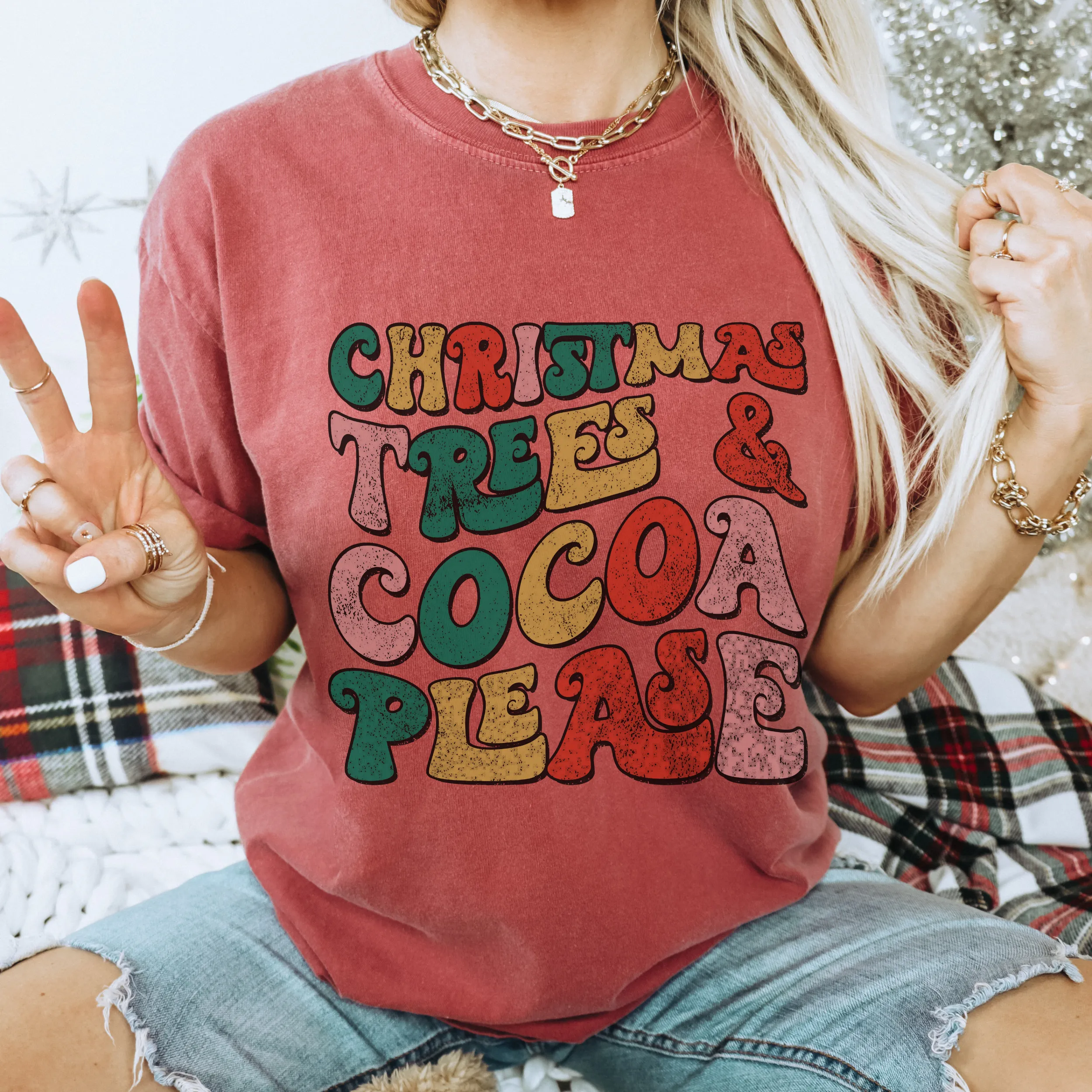 Women's Christmas Trees and Cocoa Please Crewneck Sweatshirt, Cozy Gildan® Pullover Ash Sand and White Retro Distressed Design Shirt