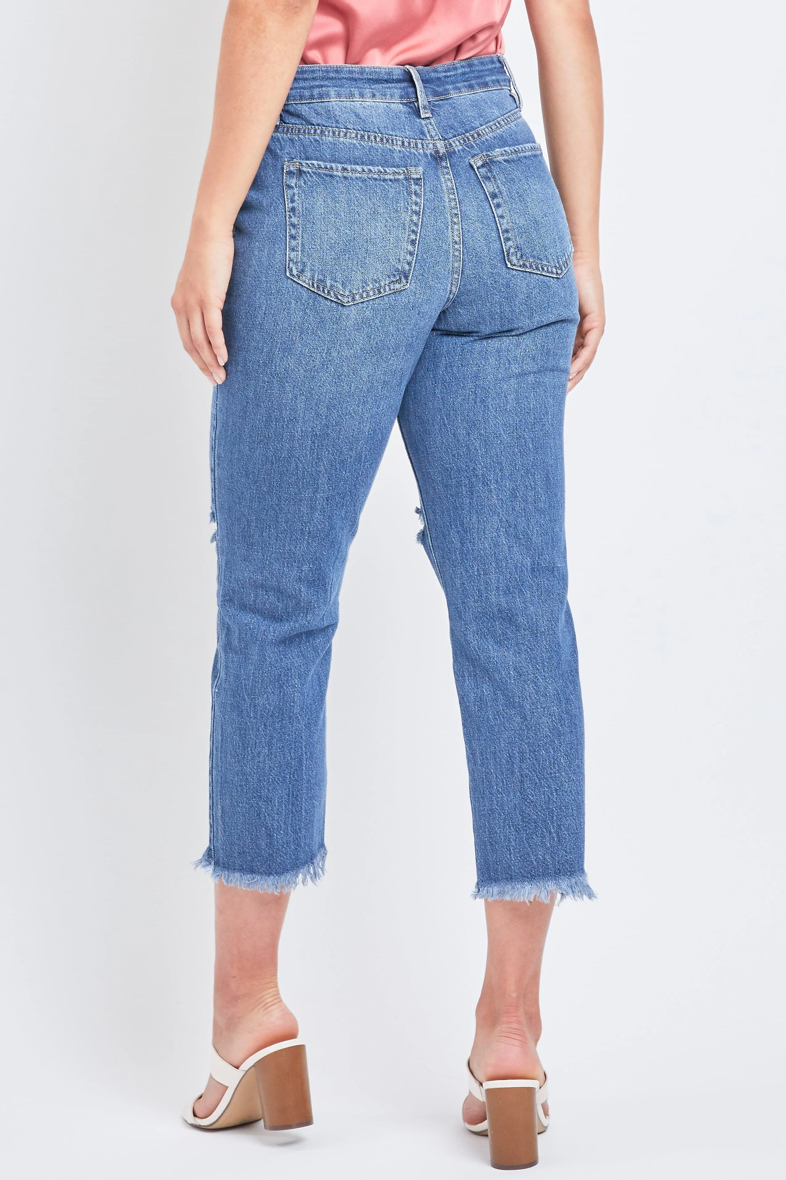 Women's Comfort Waist High Rise Straight Mom Fit Jeans with Destructed Hem