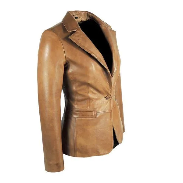 Womens Tapered Tan Leather Blazer - Awesome Lambskin