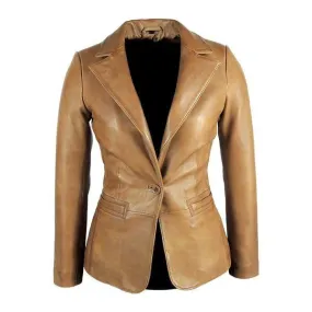 Womens Tapered Tan Leather Blazer - Awesome Lambskin